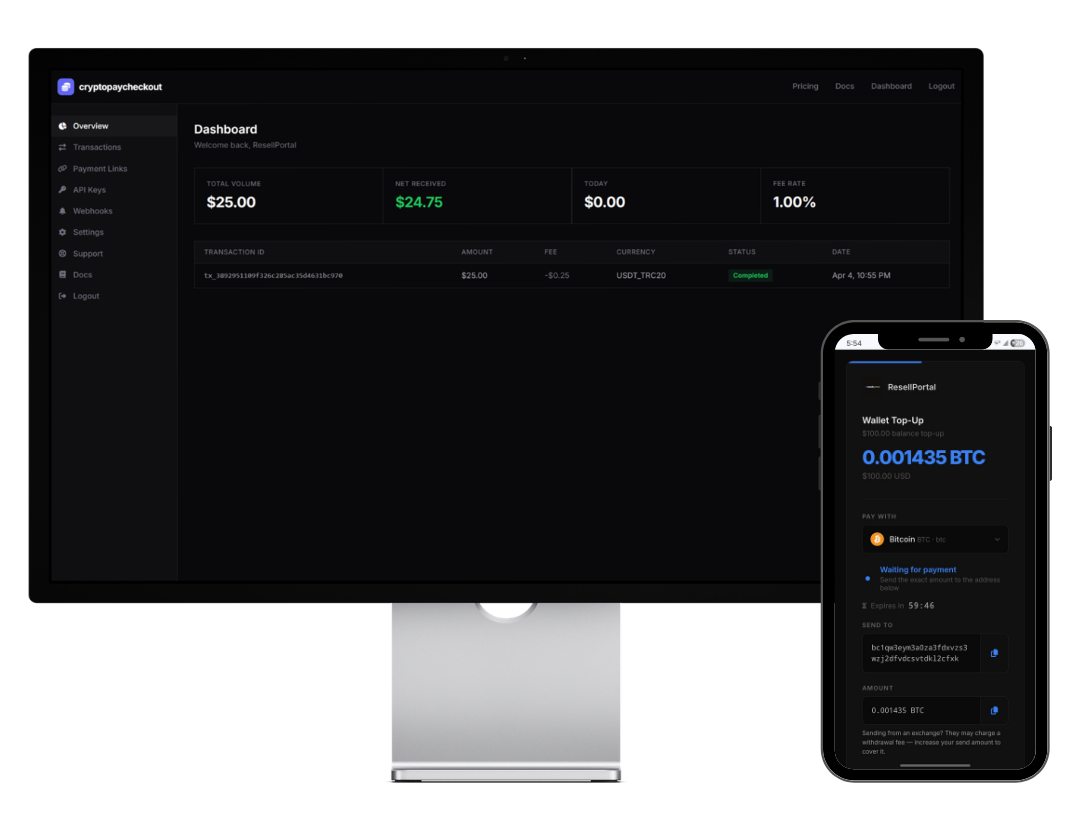 CryptoPayCheckout dashboard and payment platform mockup