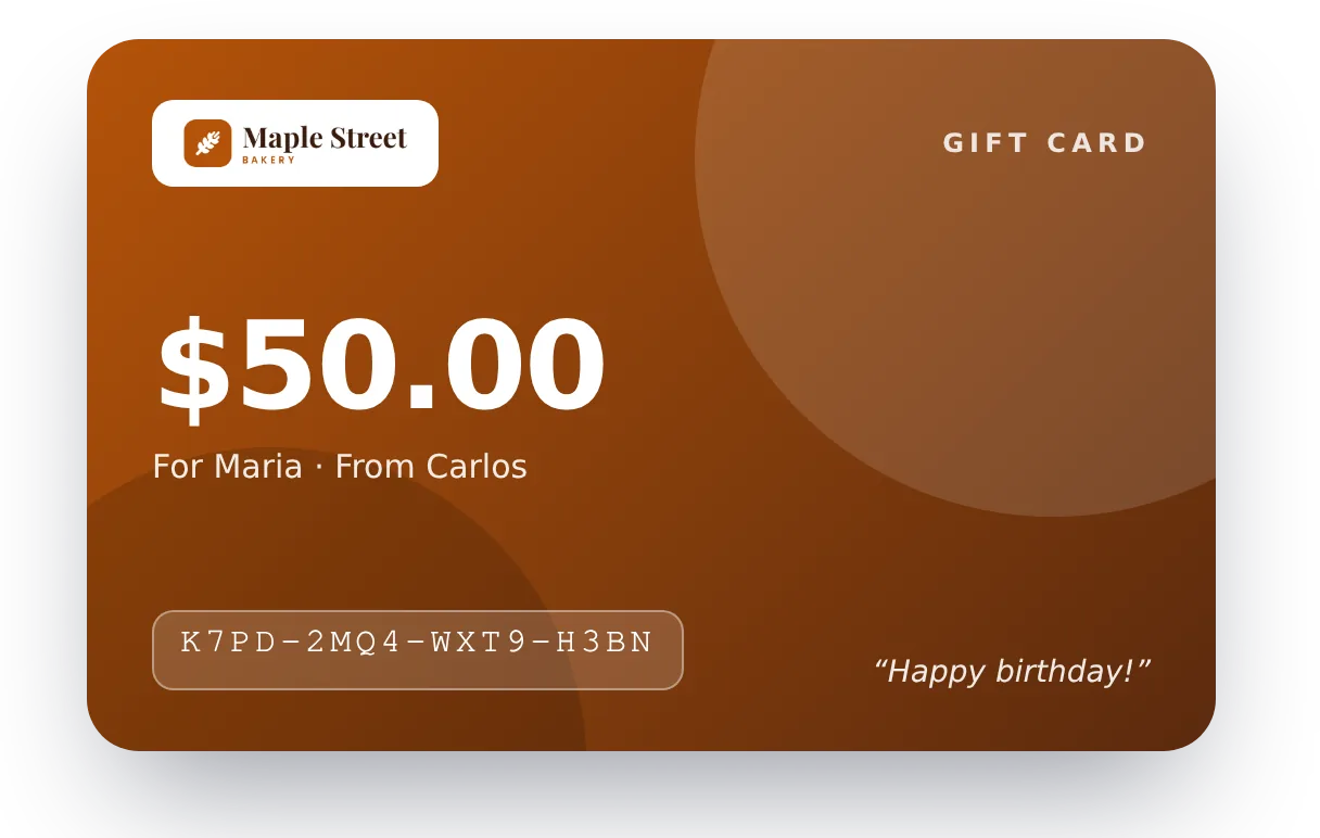 Example branded gift card for a local bakery